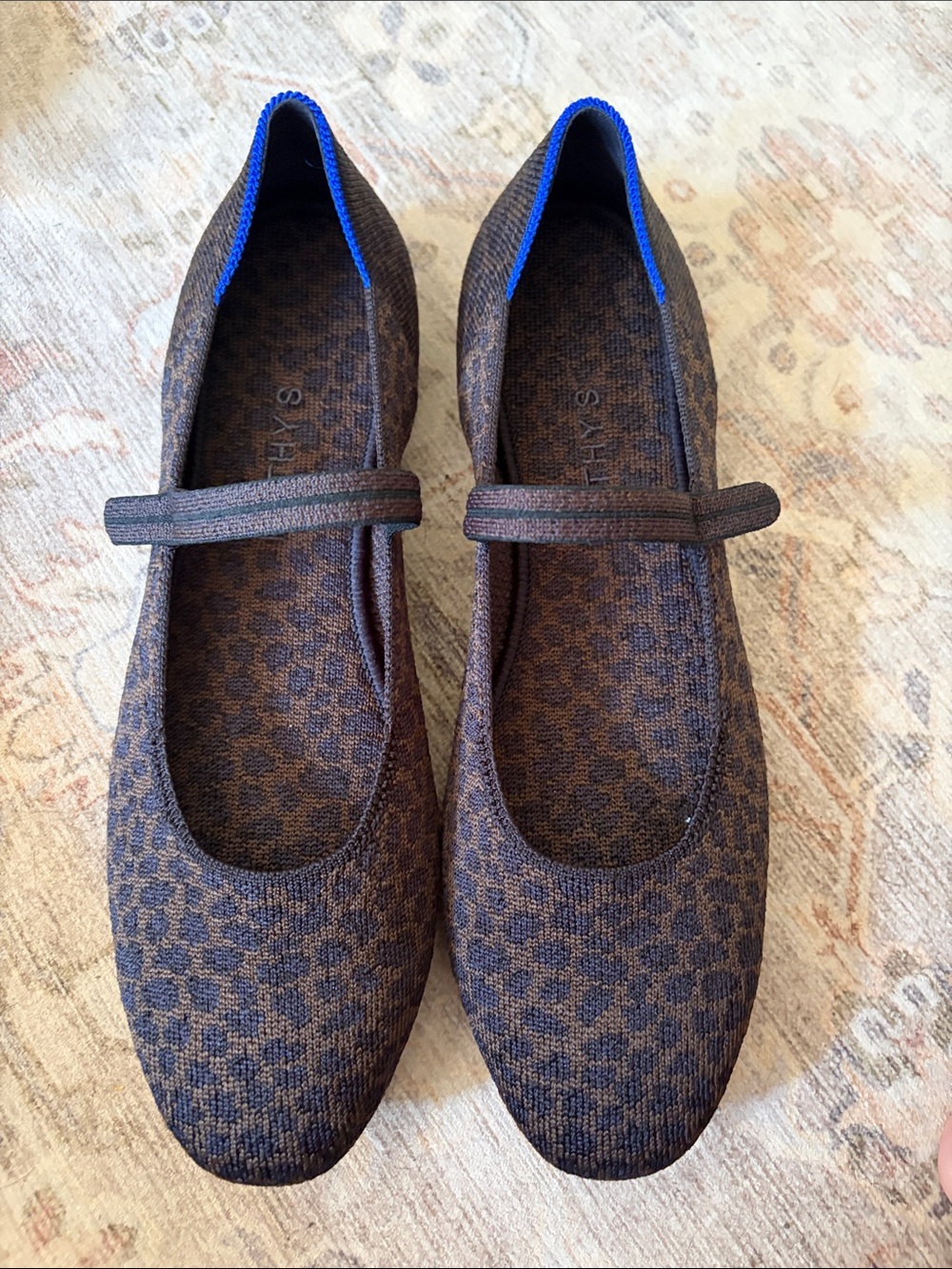 Rothy's Brown Patterned Mary Jane Flats with Blue Trim